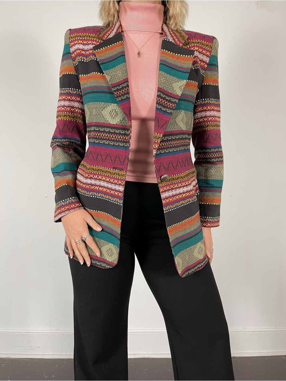 Vintage 80s Town & Travel Western Multi Pattern Jacquard Blazer - Picture 7 of 7